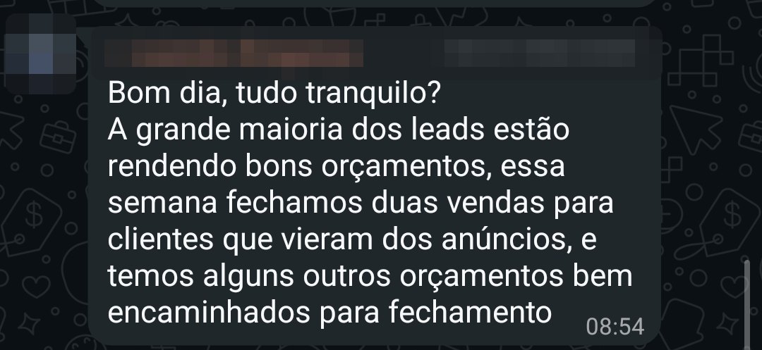 Cliente conta que fechou duas vendas na semana com clientes vindos dos anúncios