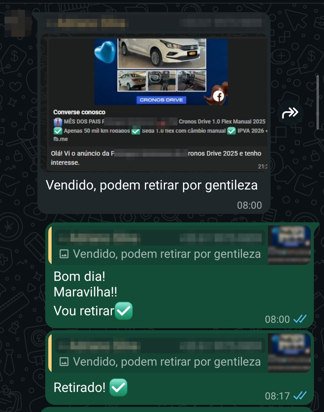 Lead chega dizendo que viu o anúncio, e a loja avisa que o carro foi vendido